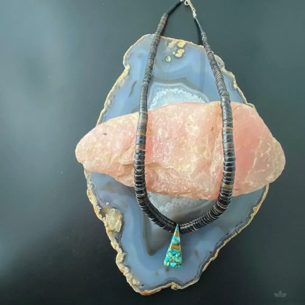 Vintage Graduated Olive and Triangle Turquoise Mosaic Heishi Necklace